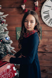 Girls' VOGA Dark Blue Christmas Dress with Plaid Collar | V-17