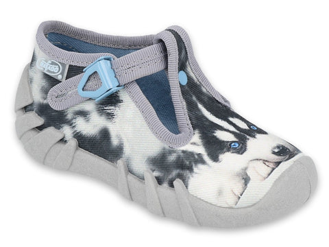 Befado Gray School Slippers with Husky Print | 110P417