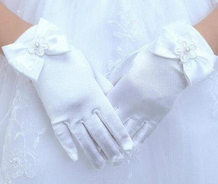 First Communion White Satin Gloves With Bow | Kom03