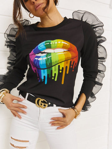 Italian-style Black Shirt with Lips Print | HAL-206