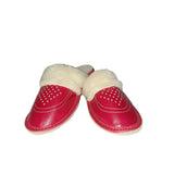Women's Red Leather Slippers with Cream Fluffy Cuff | K-235