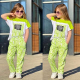 Girls' Zebra White and Neon Green T-Shirt and Pants Set | 20CA6213