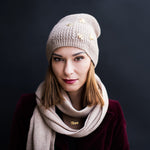 Womens' Beige Beanie with Golden Bees and Scarf Set | 20907
