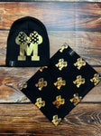 Spring Black Cotton Beanie and Tube Scarf Set with Golden -M 1-3 years | TOM-04