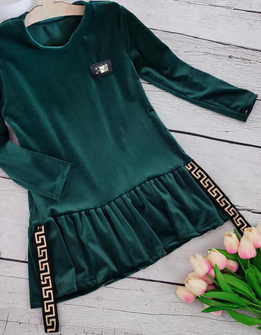 Girls' Velvet Bottle Green Dress with Greek Accent | HAL-130