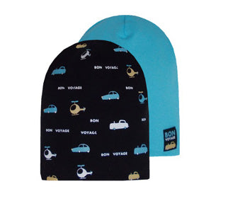 Spring Boys' Black and Light Blue Duble-Sided Beanie with Vehicles Pattern ~ 3-10 years | 46/065