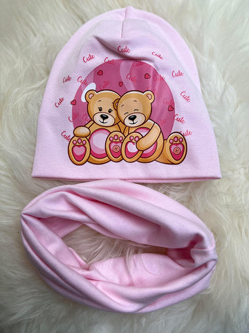 Powder Pink Beanie and Tube Scarf Set with Teddy Bear Print ~5-10 years | HAL-68-PP