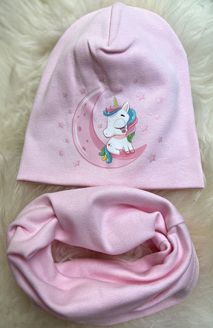 Powder Pink Beanie and Tube Scarf Set with Unicorn Print ~5-10 years | HAL-69-PP