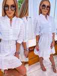 Women's White Summer Puff-sleeve Cotton Dress | MYL-053