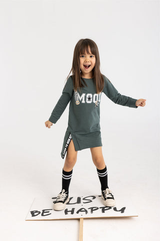 Girls' Dusty Olive Green Tunic with Mood Print  | S-129