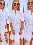 Women's White Summer Puff-sleeve Cotton Dress | MYL-053