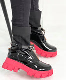 Black Patent Faux Leather and Red Sole Chelsea Boots with Sock Top | A7516 BLACK-1