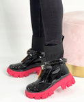 Black Patent Faux Leather and Red Sole Chelsea Boots with Sock Top | A7516 BLACK-1