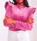 Women's Velour Shirt with Frills and Golden Buttons  | HAL-158