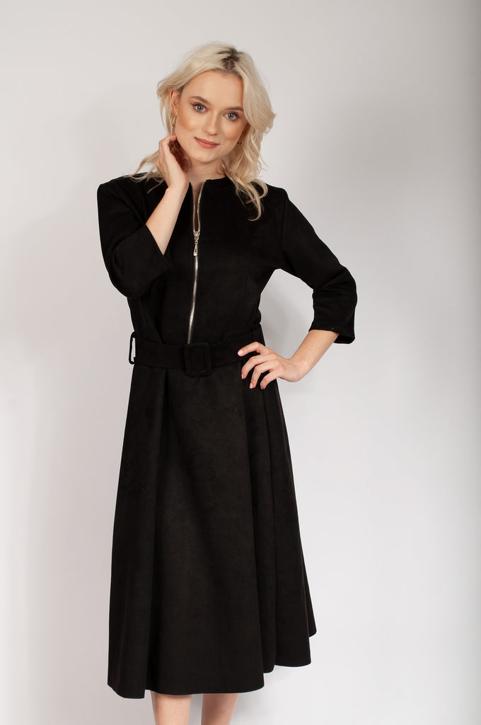 Fall Velour Casual Dress with Belt and Front Zipper | HAL-74