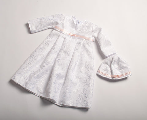 Baby Girl Baptism Lace Dress Set with Light Pink Ribbons | IZ-03