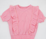 Girls' Pink Ruffled T-shirt with Pearls Accent | HAL-210