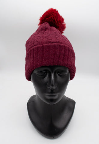 Women's / Teenager Dark Red Insulated Beanie with Fluffy Pompom | HAL-155-DR