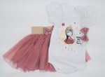 White Short Sleeve Bodysuit and Tutu Set with Princess Print | HAL-218