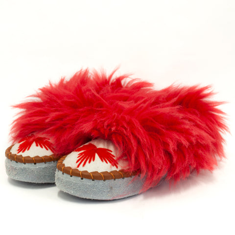 Folk Slippers with Red Fluffy Cuff and Brown Finish Edges | K-267