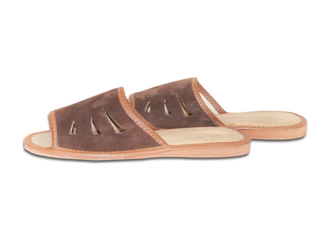 Dark Brown Leather Open Toe Slippers | K-283