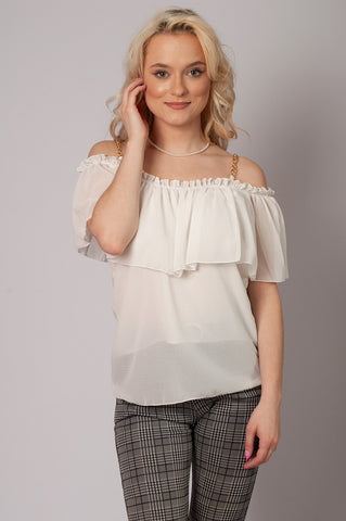 Italian-Style White Top with Chain Strap and Frills  | 24A3017-W