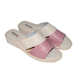 Women's White and Pink Leather Open Toe Slippers | WU-14