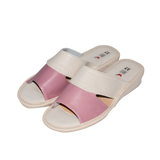 Women's White and Pink Leather Open Toe Slippers | WU-14