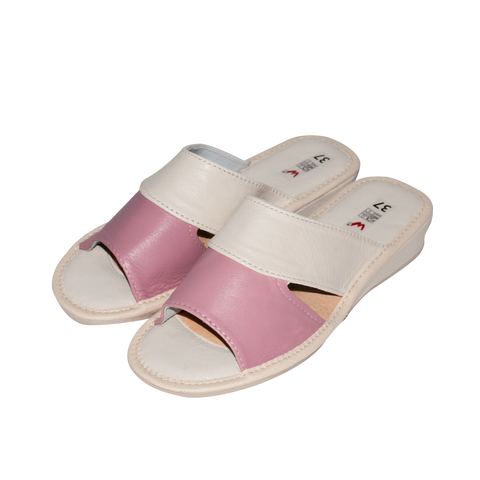 Women's White and Pink Leather Open Toe Slippers | WU-14