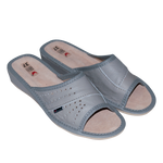 Women's Gray Leather Open Toe Slippers | WU-139