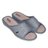 Women's Gray Leather Open Toe Slippers | WU-139