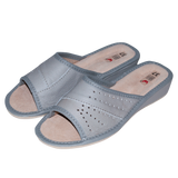 Women's Gray Leather Open Toe Slippers | WU-139