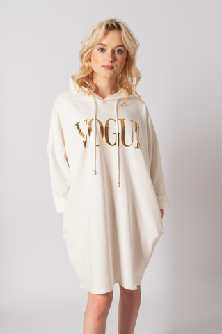 Vogue Italian-style White Hooded Tunic with Golden Print | 11K2316-W