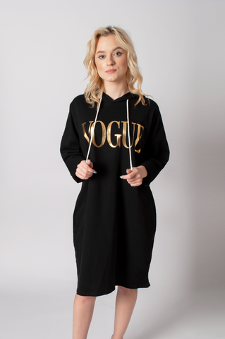 Vogue Italian-style Black Hooded Tunic with Golden Print | 11K2316-BL
