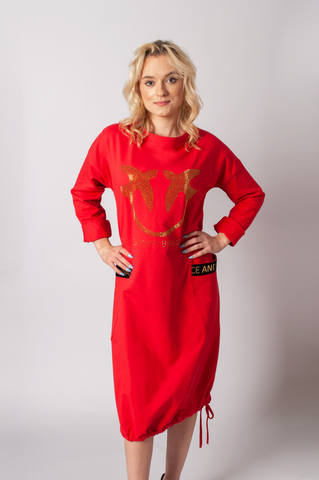 Italian-style Red Oversize Tunic with Golden Print | 22T52-R