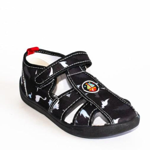 AC Black School Slippers with Ship Print | 604/21-BL