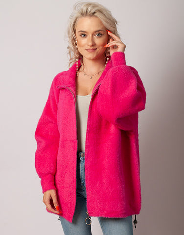 Short Pink Alpaca Coat with Stand-up Collar and Zipper | HAL-57-1
