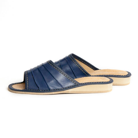 Dark Blue Open Toe Leather Slippers | K-226