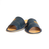 Dark Blue Open Toe Leather Slippers | K-229