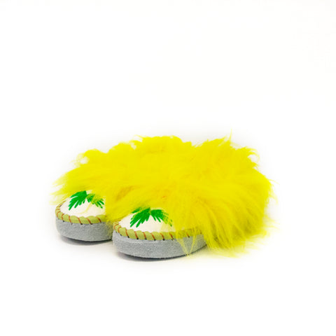 White Folk Slippers with Yellow Fluffy Cuff | K-239