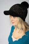 Women's Insulated Black Beanie with Visor and Pompom | N1109-77-BL