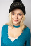 Women's Insulated Black Beanie with Visor and Pompom | N1109-77-BL
