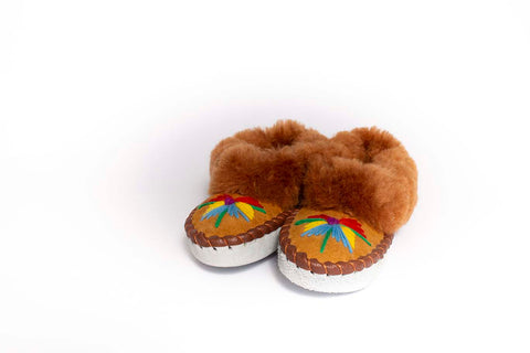 Light Brown Folk Slippers with Brown Fluffy Cuff | K-205