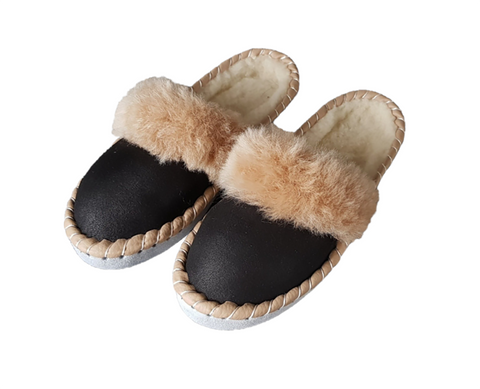 Handmade Folk Slippers with Toffee Fluffy Cuff | K-287