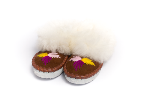 Brown Folk Slippers with White Fluffy Cuff | K-016