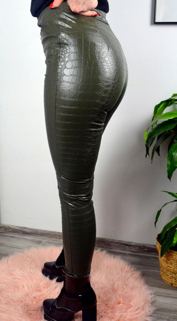Dark Olive Green Insulated Eco Leather Leggings with Croc Print
