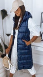 Women's Navy Blue Hooded Quilted Vest | HAL-89