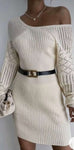 Women's Sweater Tunic Dress with Openwork Sleeves and Belt | HAL-133