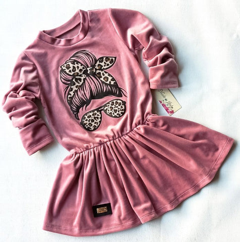 Girls' Dusty Pink Velvet Dress with Print | HAL-127-DP