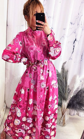 Italian-Style Pink Long Dress with Belt | HAL-221-P